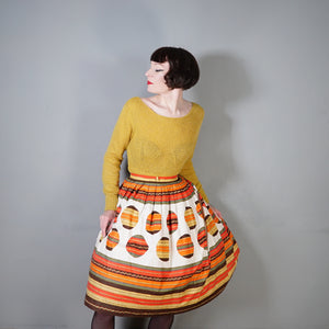 50s 60s ORANGE STRIPE AND BALL PATTERN FULL COTTON SKIRT - 29.5"