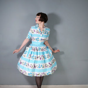 50s LIGHT BLUE STRIPE AND FLORAL PRINT ST MICHAEL POPLIN SHIRT DRESS - S