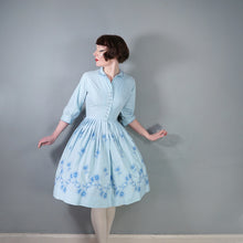 Load image into Gallery viewer, 50s CLAUDIA HUNT PASTEL BLUE FLORAL EMBROIDERED SHIRT DRESS - XS