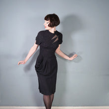 Load image into Gallery viewer, 40s BLACK RAYON CREPE STUDDED MESH CUT OUT COCKTAIL DRESS - S