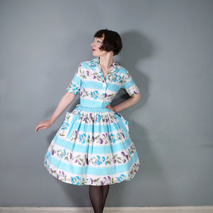 50s LIGHT BLUE STRIPE AND FLORAL PRINT ST MICHAEL POPLIN SHIRT DRESS - S