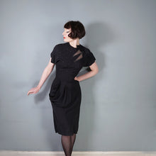 Load image into Gallery viewer, 40s BLACK RAYON CREPE STUDDED MESH CUT OUT COCKTAIL DRESS - S