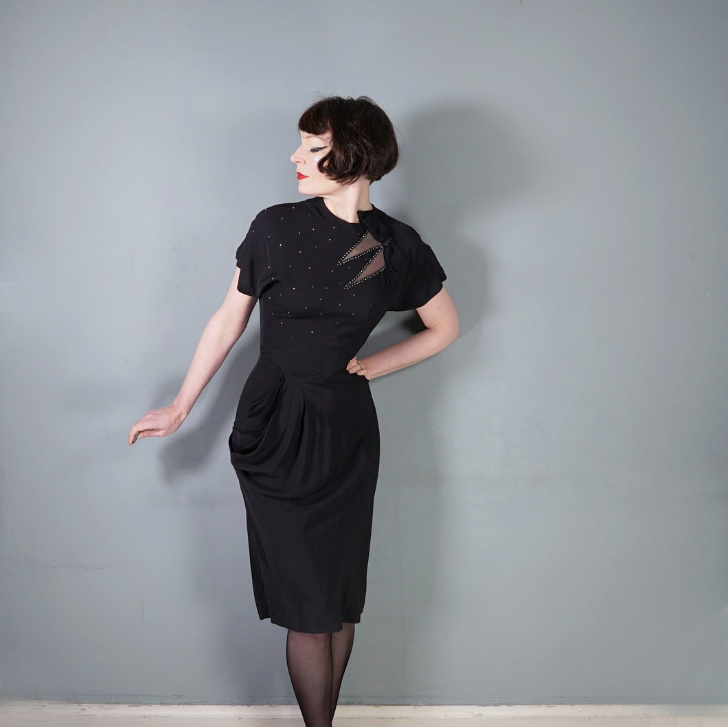 40s BLACK RAYON CREPE STUDDED MESH CUT OUT COCKTAIL DRESS - S