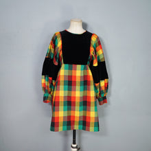 Load image into Gallery viewer, 70s LUIS CARING VIBRANT PLAID DRESS WITH VELVET EMPIRE BIB AND HUGE BALLOON SLEEVE - XS-S