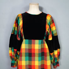 Load image into Gallery viewer, 70s LUIS CARING VIBRANT PLAID DRESS WITH VELVET EMPIRE BIB AND HUGE BALLOON SLEEVE - XS-S
