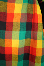 Load image into Gallery viewer, 70s LUIS CARING VIBRANT PLAID DRESS WITH VELVET EMPIRE BIB AND HUGE BALLOON SLEEVE - XS-S