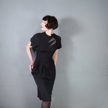 Load image into Gallery viewer, 40s BLACK RAYON CREPE STUDDED MESH CUT OUT COCKTAIL DRESS - S