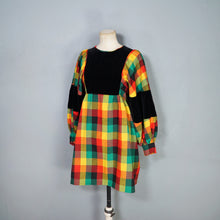 Load image into Gallery viewer, 70s LUIS CARING VIBRANT PLAID DRESS WITH VELVET EMPIRE BIB AND HUGE BALLOON SLEEVE - XS-S