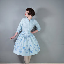 Load image into Gallery viewer, 50s CLAUDIA HUNT PASTEL BLUE FLORAL EMBROIDERED SHIRT DRESS - XS