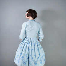 Load image into Gallery viewer, 50s CLAUDIA HUNT PASTEL BLUE FLORAL EMBROIDERED SHIRT DRESS - XS