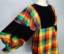 Load image into Gallery viewer, 70s LUIS CARING VIBRANT PLAID DRESS WITH VELVET EMPIRE BIB AND HUGE BALLOON SLEEVE - XS-S