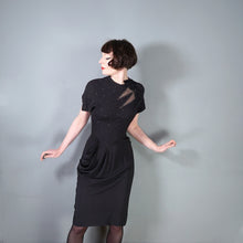 Load image into Gallery viewer, 40s BLACK RAYON CREPE STUDDED MESH CUT OUT COCKTAIL DRESS - S