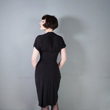 Load image into Gallery viewer, 40s BLACK RAYON CREPE STUDDED MESH CUT OUT COCKTAIL DRESS - S