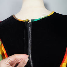 Load image into Gallery viewer, 70s LUIS CARING VIBRANT PLAID DRESS WITH VELVET EMPIRE BIB AND HUGE BALLOON SLEEVE - XS-S
