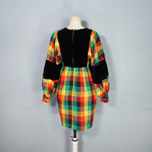 Load image into Gallery viewer, 70s LUIS CARING VIBRANT PLAID DRESS WITH VELVET EMPIRE BIB AND HUGE BALLOON SLEEVE - XS-S