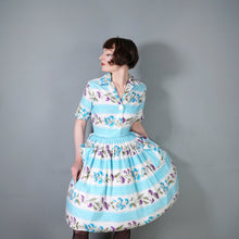 Load image into Gallery viewer, 50s LIGHT BLUE STRIPE AND FLORAL PRINT ST MICHAEL POPLIN SHIRT DRESS - S