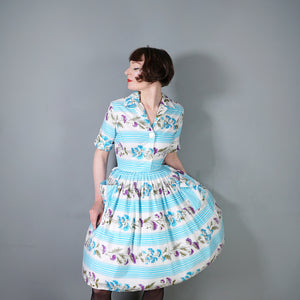 50s LIGHT BLUE STRIPE AND FLORAL PRINT ST MICHAEL POPLIN SHIRT DRESS - S