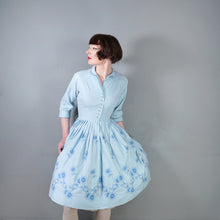 Load image into Gallery viewer, 50s CLAUDIA HUNT PASTEL BLUE FLORAL EMBROIDERED SHIRT DRESS - XS