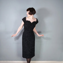 Load image into Gallery viewer, 50s HEAVY BLACK ALL OVER SEQUIN WIGGLE COCKTAIL DRESS WITH SCALLOPED NECKLINE - S