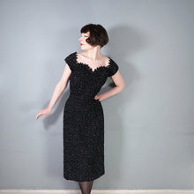 Load image into Gallery viewer, 50s HEAVY BLACK ALL OVER SEQUIN WIGGLE COCKTAIL DRESS WITH SCALLOPED NECKLINE - S
