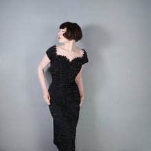 Load image into Gallery viewer, 50s HEAVY BLACK ALL OVER SEQUIN WIGGLE COCKTAIL DRESS WITH SCALLOPED NECKLINE - S