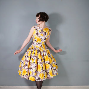 50s HUGE YELLOW ROSE FULL SKIRTED DAY DRESS - M