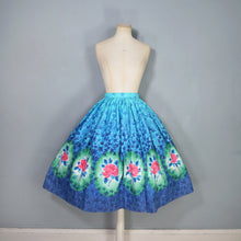 Load image into Gallery viewer, 50s FANTASTIC BLUE COTTON FULL SKIRT WITH PIK ROSE BORDER PRINT - 25.5"