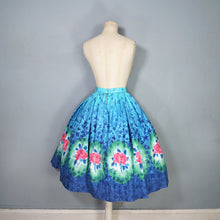 Load image into Gallery viewer, 50s FANTASTIC BLUE COTTON FULL SKIRT WITH PIK ROSE BORDER PRINT - 25.5"