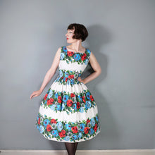 Load image into Gallery viewer, 50s LARGE RED AND TURQUOISE ROSE FLORAL COTTON FULL SKIRTED DRESS - S