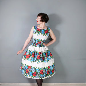 50s LARGE RED AND TURQUOISE ROSE FLORAL COTTON FULL SKIRTED DRESS - S