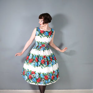 50s LARGE RED AND TURQUOISE ROSE FLORAL COTTON FULL SKIRTED DRESS - S