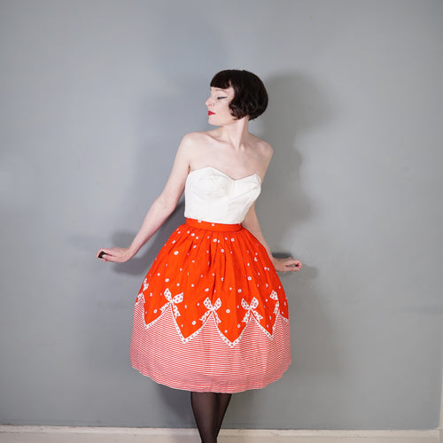 60s RED AND WHITE BOW AND STRIPE BORDER PRINT FULL COTTON SKIRT - 24