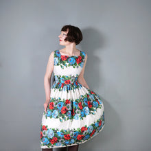 Load image into Gallery viewer, 50s LARGE RED AND TURQUOISE ROSE FLORAL COTTON FULL SKIRTED DRESS - S