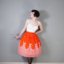 Load image into Gallery viewer, 60s RED AND WHITE BOW AND STRIPE BORDER PRINT FULL COTTON SKIRT - 24&quot;