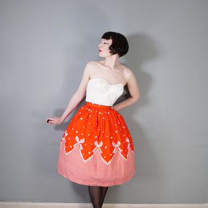 60s RED AND WHITE BOW AND STRIPE BORDER PRINT FULL COTTON SKIRT - 24"