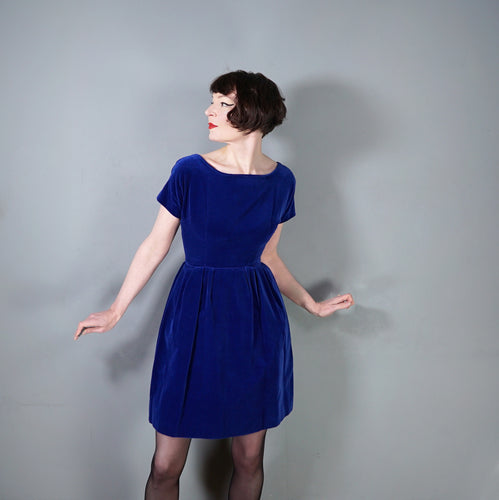 60s BLUE VELVET FULL SKIRTED COCKTAIL DRESS - XS