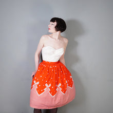 Load image into Gallery viewer, 60s RED AND WHITE BOW AND STRIPE BORDER PRINT FULL COTTON SKIRT - 24&quot;