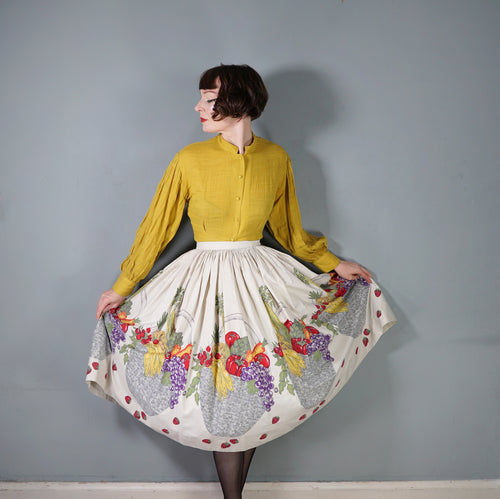 50s NOVELTY BORDER HARVEST BASKET FRUIT AND VEGETABLE PRINT FULL SKIRT - 26.5