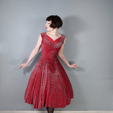 Load image into Gallery viewer, 40s RED AND SILVER FLOCKED VELVET DRAMATIC EVENING DRESS - S