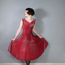 Load image into Gallery viewer, 40s RED AND SILVER FLOCKED VELVET DRAMATIC EVENING DRESS - S