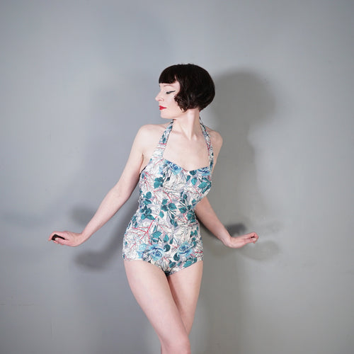 50s BIG BLUE ROSE FLORAL PRINT SHIRRED COTTON SWIMSUIT - S-M