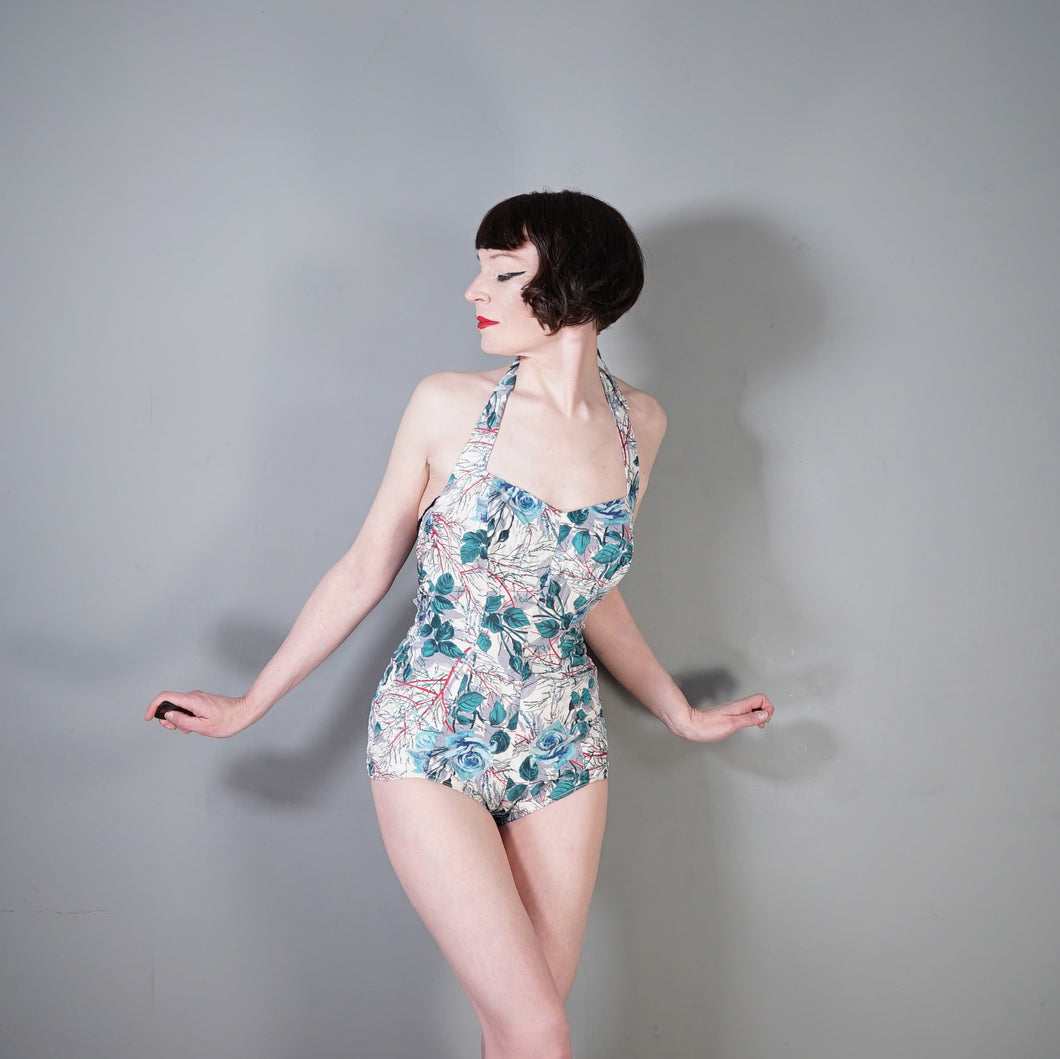 50s BIG BLUE ROSE FLORAL PRINT SHIRRED COTTON SWIMSUIT - S-M