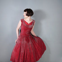 Load image into Gallery viewer, 40s RED AND SILVER FLOCKED VELVET DRAMATIC EVENING DRESS - S