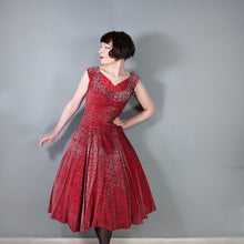 Load image into Gallery viewer, 40s RED AND SILVER FLOCKED VELVET DRAMATIC EVENING DRESS - S