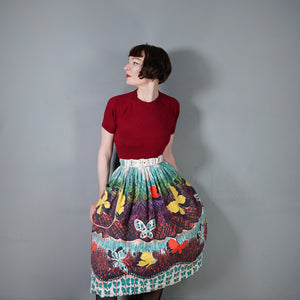 50s GOR-RAY COLOURFUL BUTTERFLY BORDR PRINT FULL COTTON SKIRT WITH BELT - 25"