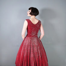 Load image into Gallery viewer, 40s RED AND SILVER FLOCKED VELVET DRAMATIC EVENING DRESS - S