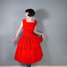 Load image into Gallery viewer, 50s GLAMOUROUS BOLD RED VELVET PARTY DRESS WITH TIERED SCALLOPED FULL SKIRT - M