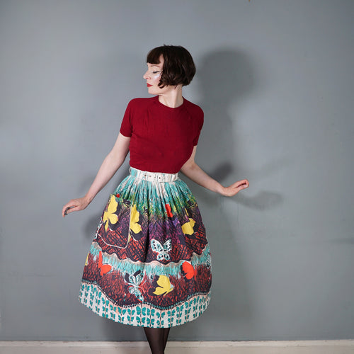 50s GOR-RAY COLOURFUL BUTTERFLY BORDR PRINT FULL COTTON SKIRT WITH BELT - 25