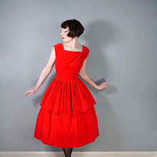 Load image into Gallery viewer, 50s GLAMOUROUS BOLD RED VELVET PARTY DRESS WITH TIERED SCALLOPED FULL SKIRT - M