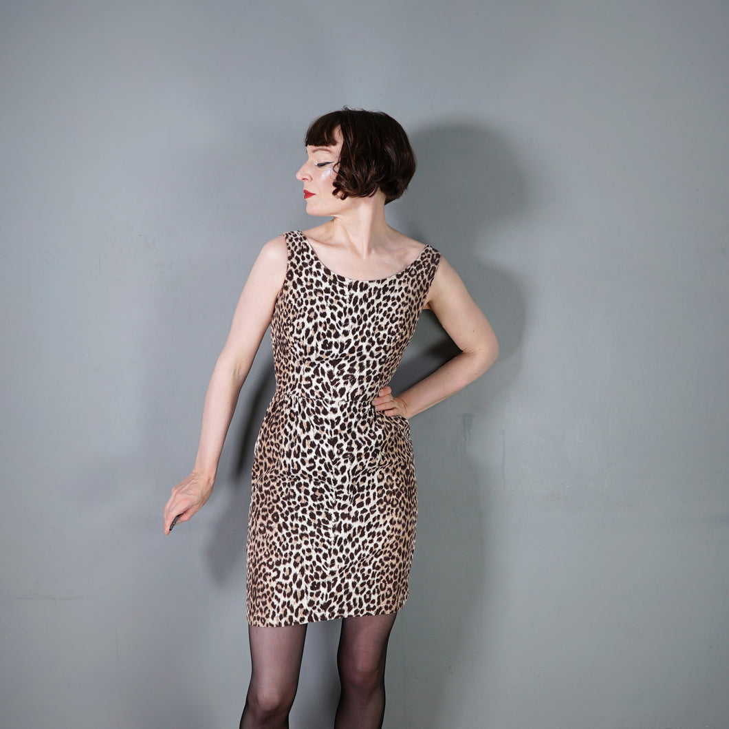 60s SAMBO FASHIONS LEOPARD ANIMAL PRINT CORDUROY WIGGLE DRESS - XS-S